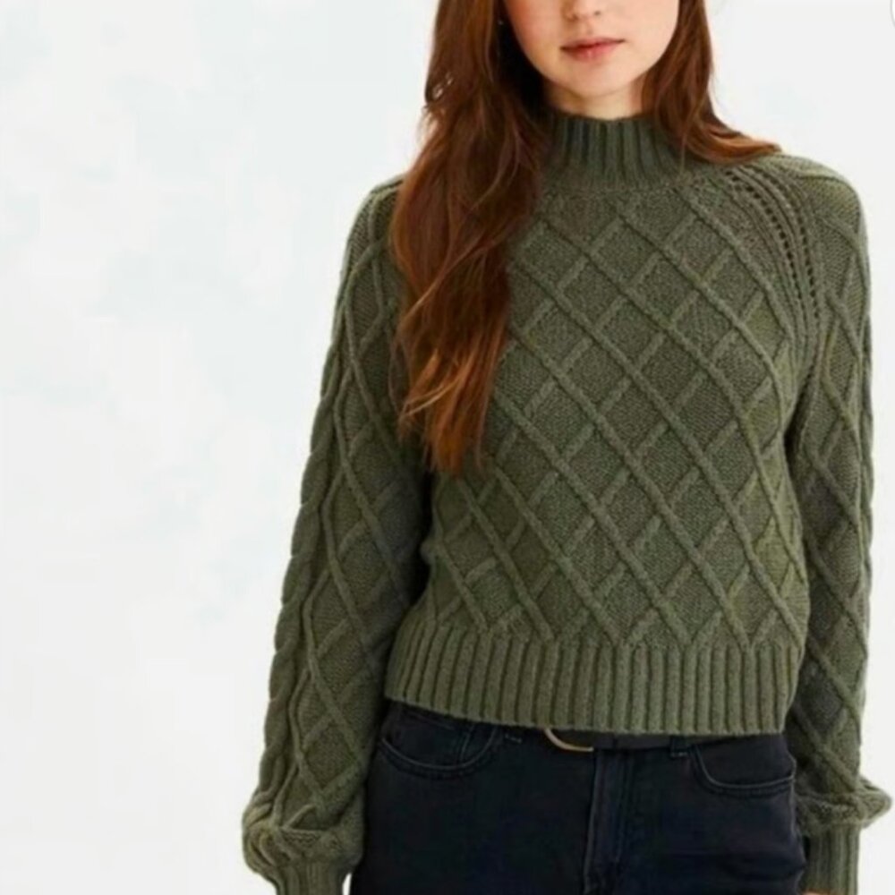 American Eagle- Hunter Green Waffle Cable Knit Mock Sweater